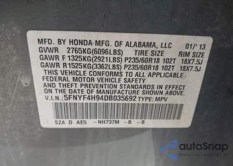 2013 Honda Pilot Touring from USA, damaged, VIN 5FNYF4H94DB035692